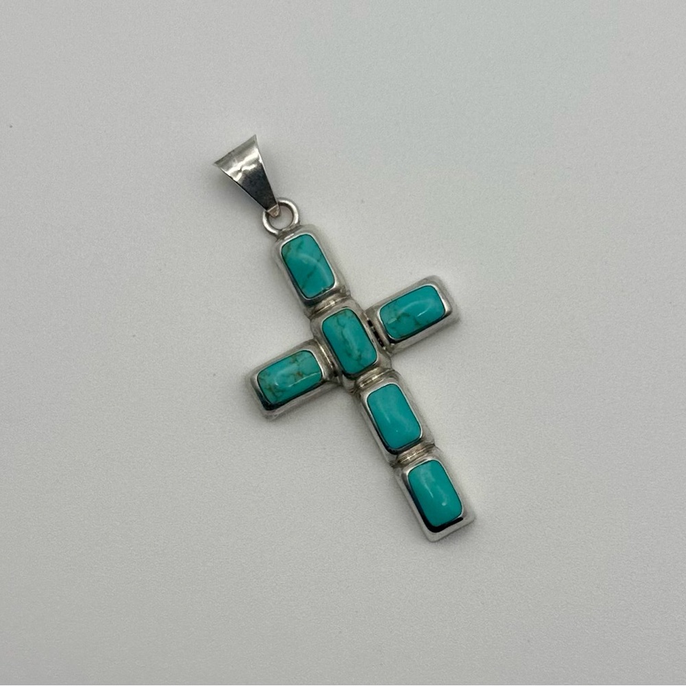 Vintage Sterling Silver Bezel Set Turquoise Cross Pendant from Mexico